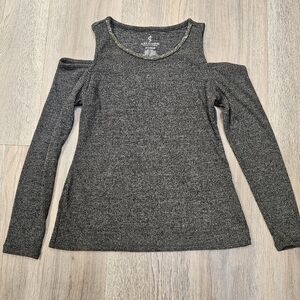 Juicy Couture Sweater Women XL Gray Knit Beaded Lightweight Cold Shoulder Sleeve